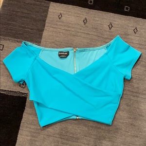 Bebe Wrap Shoulder Blue Crop Top